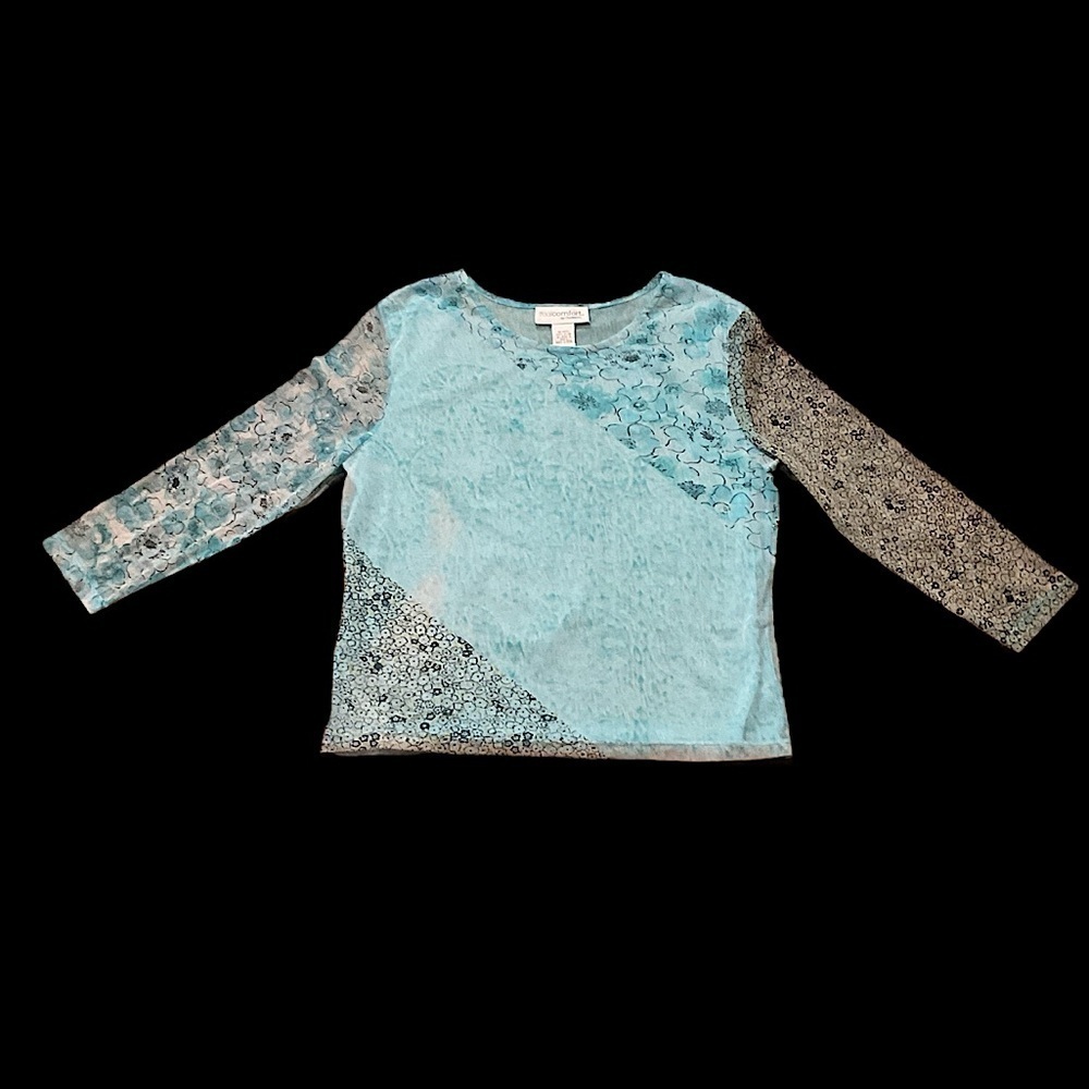 Long Sleeve Patterned Top Blue Black round neck boho 90s Y2K contrasting sleeve